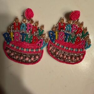Beaded Happy Birthday Statement Earrings - Pink